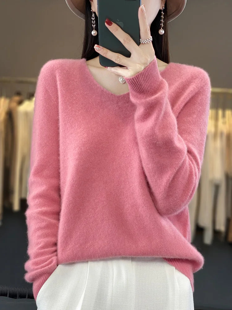 100% Merino Wool Women's Sweater V-Neck Long Sleeve Pullovers Autumn Winter Basic Jumper Cashmere Knitwear Warm Female Clothing