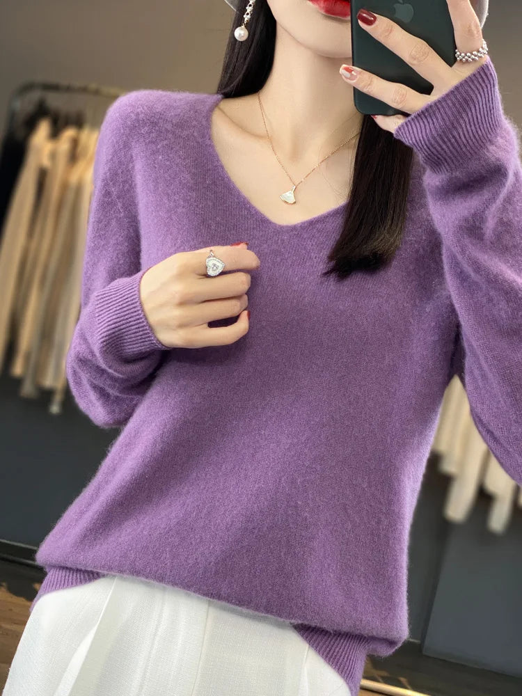 100% Merino Wool Women's Sweater V-Neck Long Sleeve Pullovers Autumn Winter Basic Jumper Cashmere Knitwear Warm Female Clothing