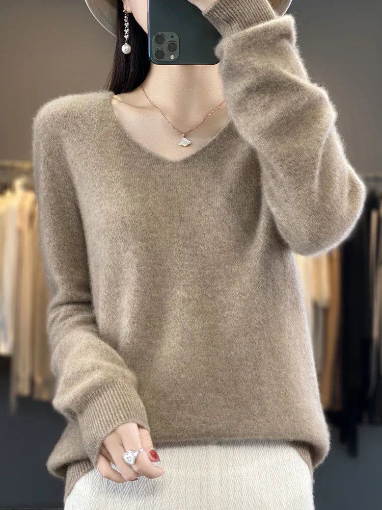 100% Merino Wool Women's Sweater V-Neck Long Sleeve Pullovers Autumn Winter Basic Jumper Cashmere Knitwear Warm Female Clothing