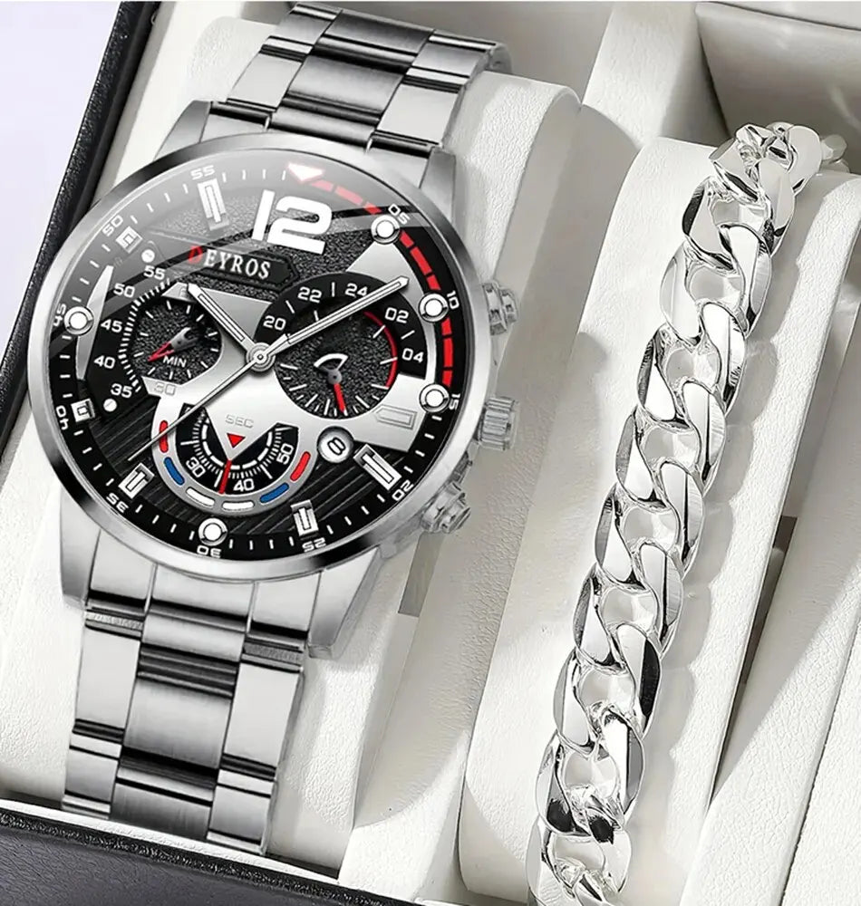 2pcs Luxury Mens Silver Quartz Watch With Stainless Steel Bracelet Men Fashion Business Casual Watch Luminous Clock