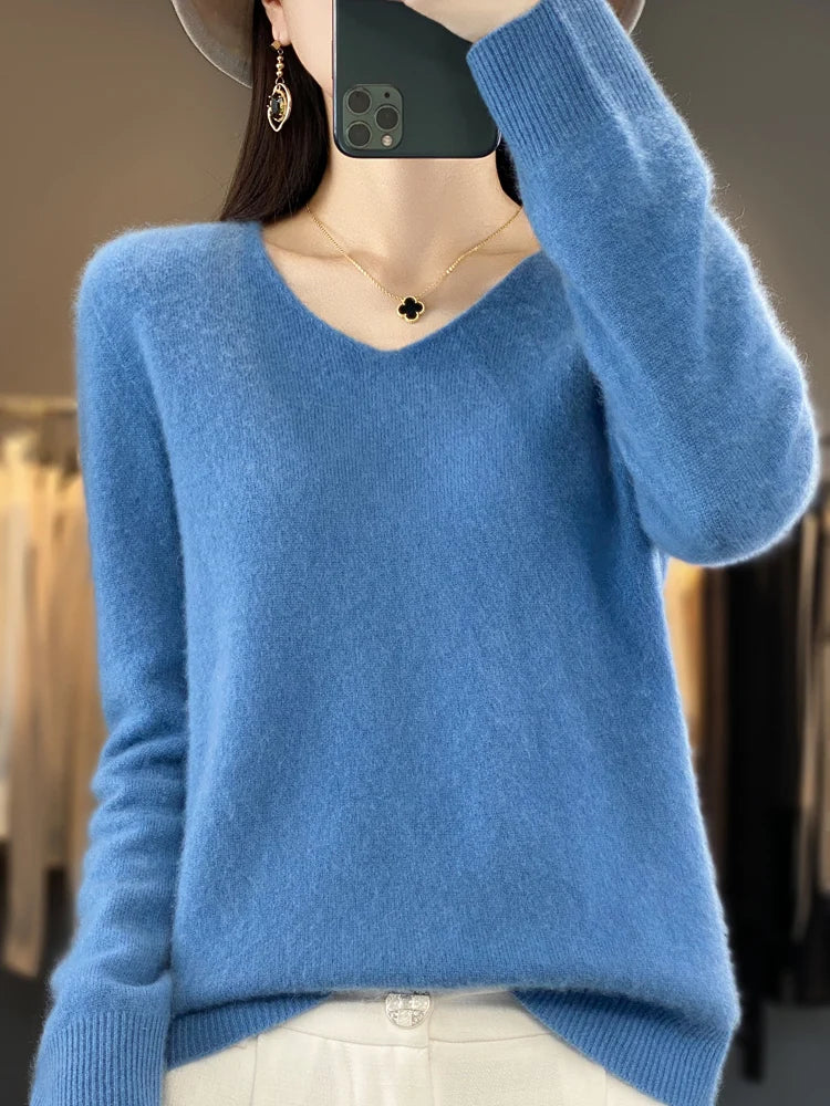 100% Merino Wool Women's Sweater V-Neck Long Sleeve Pullovers Autumn Winter Basic Jumper Cashmere Knitwear Warm Female Clothing