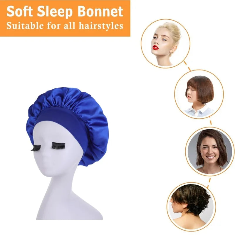 Women Sleeping Caps Bathroom Satin Solid Color Stretch Bonnets Shower Cap Hair Hat for Daily Use and Beauty