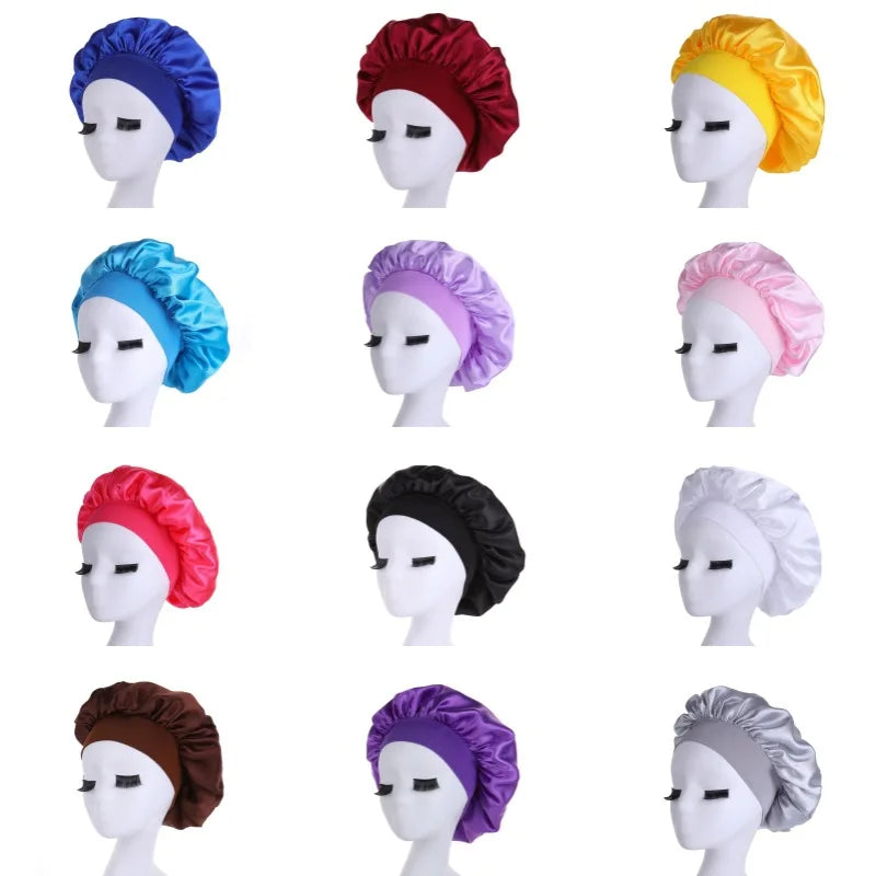 Women Sleeping Caps Bathroom Satin Solid Color Stretch Bonnets Shower Cap Hair Hat for Daily Use and Beauty