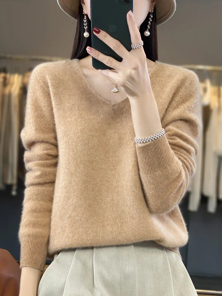 100% Merino Wool Women's Sweater V-Neck Long Sleeve Pullovers Autumn Winter Basic Jumper Cashmere Knitwear Warm Female Clothing