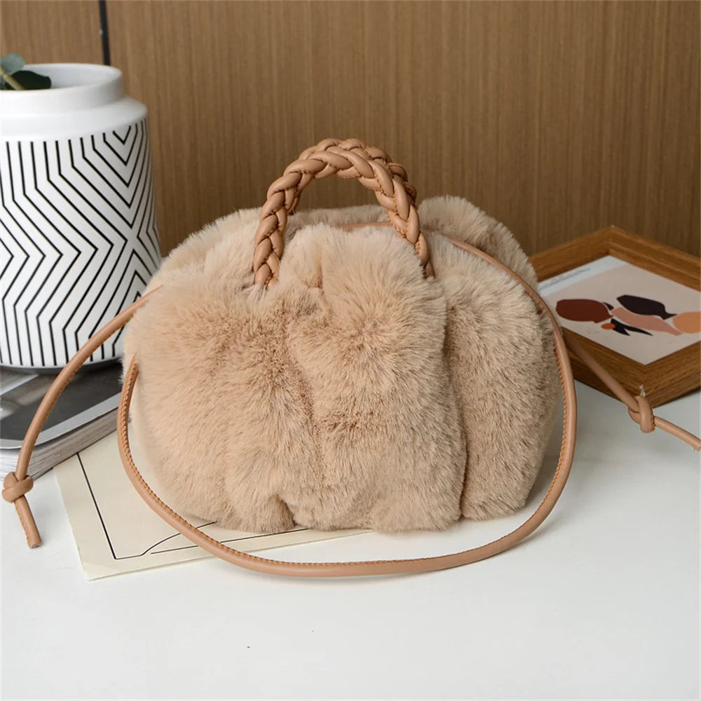 Women's Crossbody Pumpkin Plush Bag Cute Tote Bags Autumn Winter Fashion Solid Color Handbag Travel Shoulder Bags