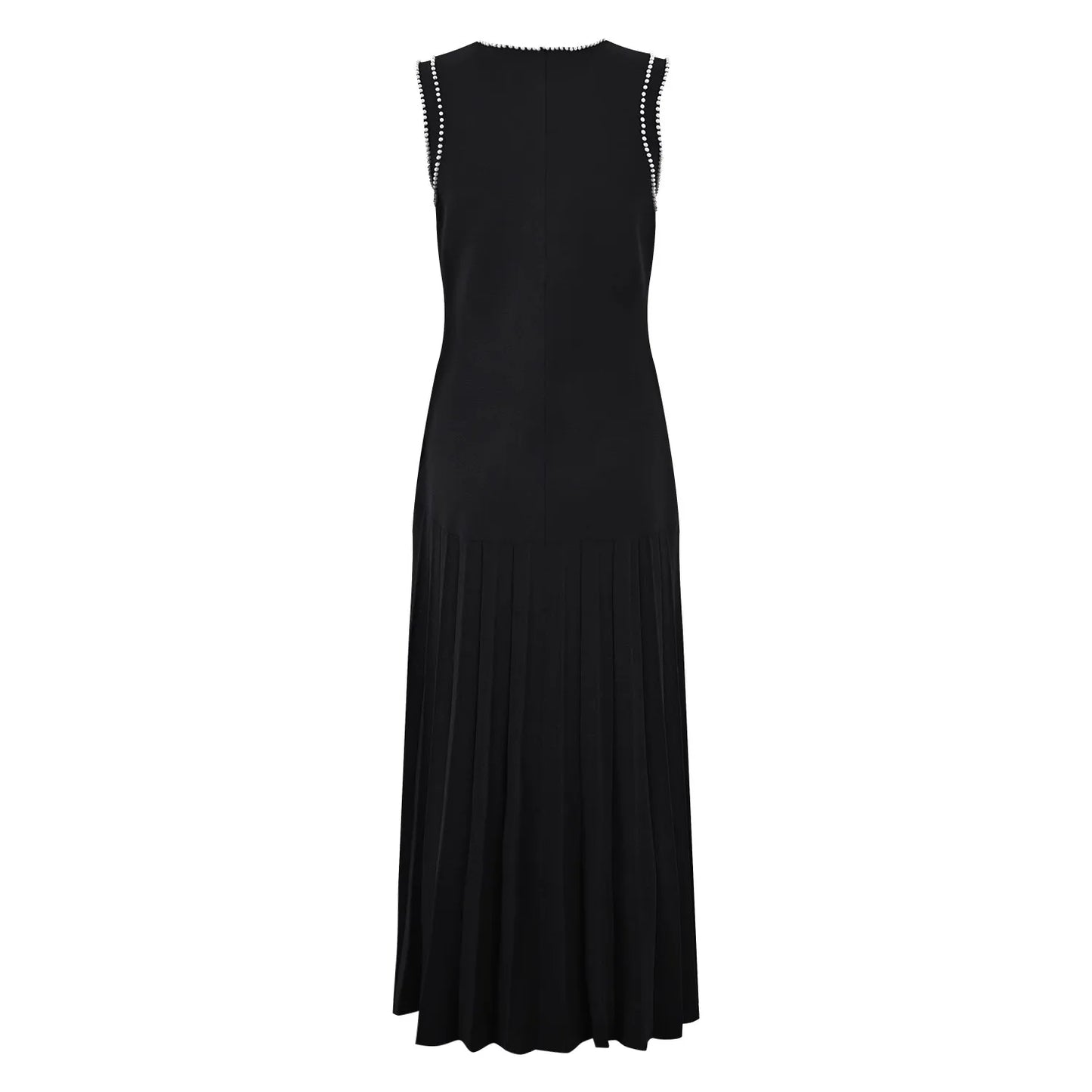 2024 New High Quality French Summer Pearl Decoration Knitted Long Dress Elegant Women O Neck Sleeveless Tank Black Pleated Robe