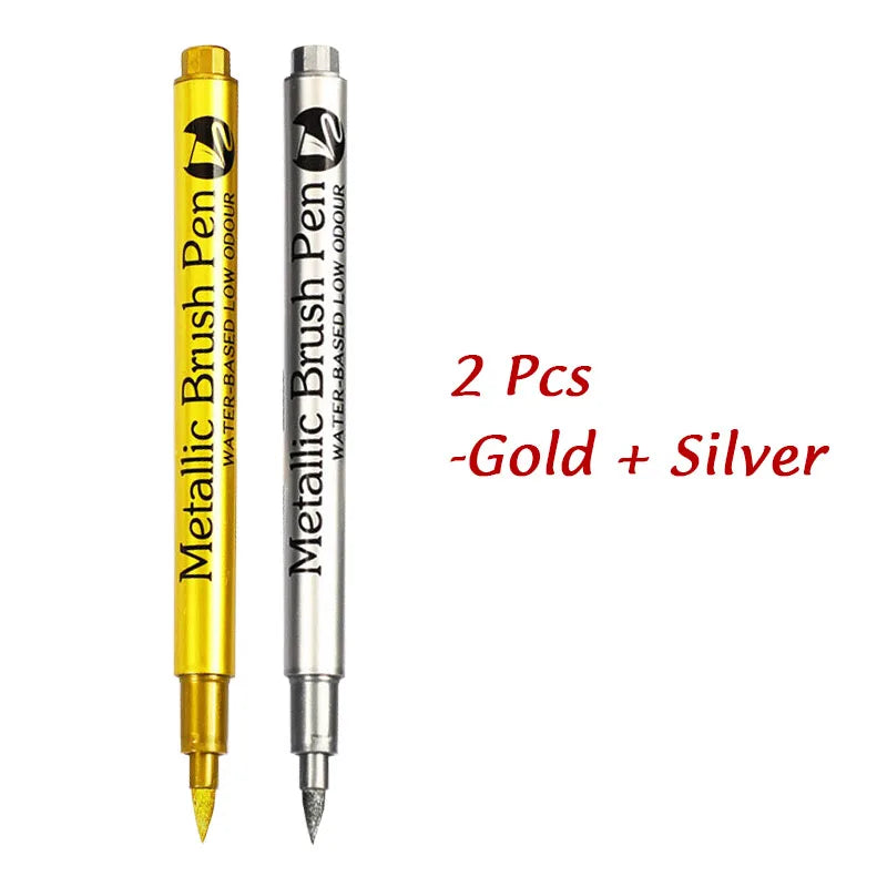 1/2Pcs Brush Metallic Marker Pens Gold Silver Permanent Art Markers Crafts Scrapbooking Painting Stationery School Supplies