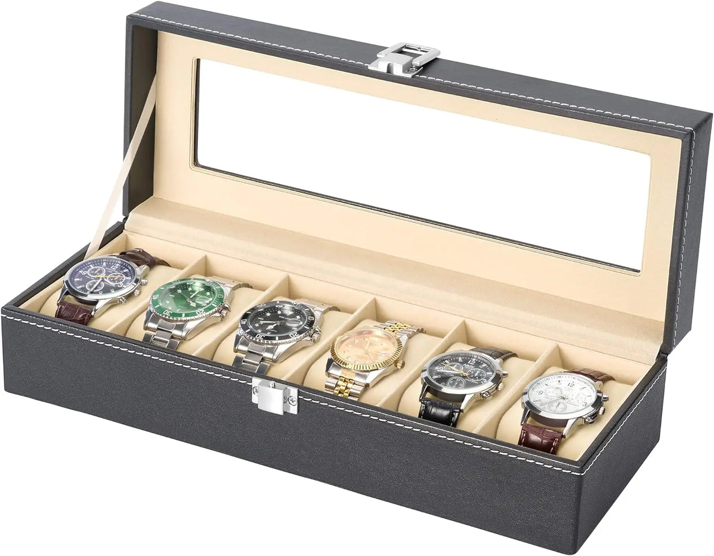 6 Slot PU Leather Watch Box Display Case Jewelry Organizer with Glass Top