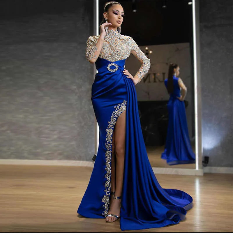 2023 Europe and the United States new women's dress blue sprinkle gold split splicing half high neck evening dress