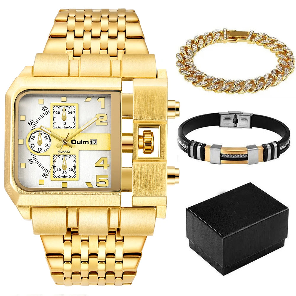 Oulm Top Large Dial Men Watch Square Gold Quartz Wrist Watch for Man Sports Multi-Time Zone Military Male Waterproof 2023