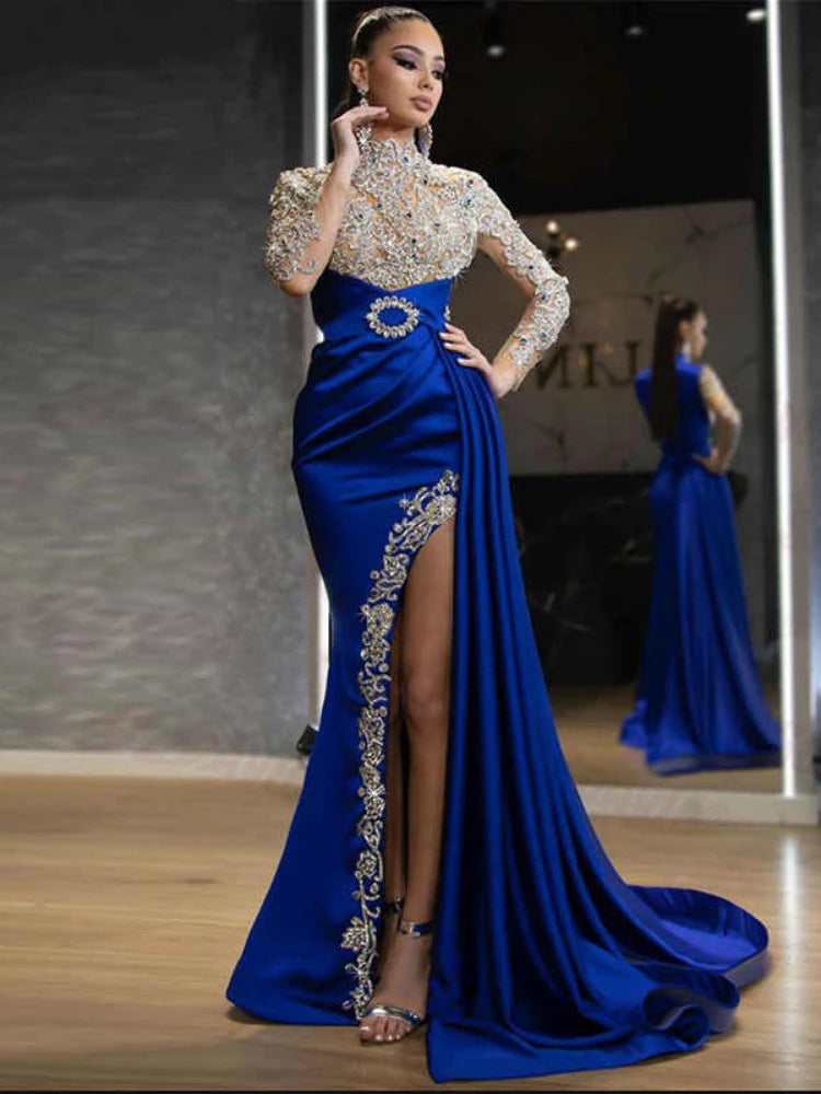 2023 Europe and the United States new women's dress blue sprinkle gold split splicing half high neck evening dress