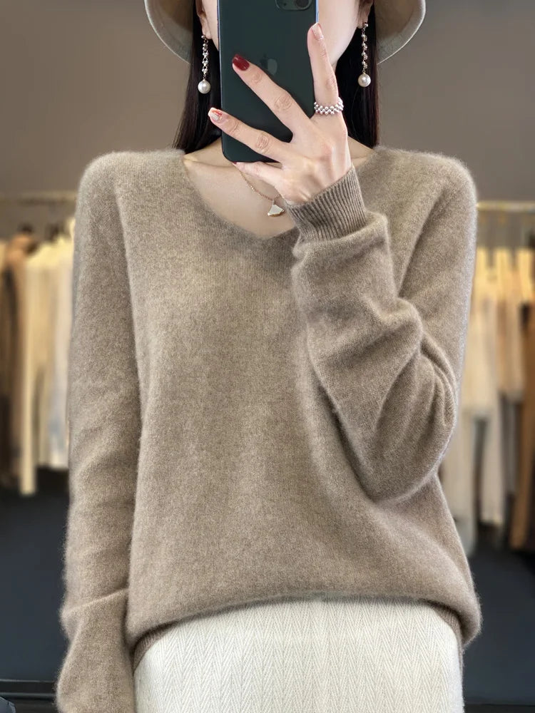 100% Merino Wool Women's Sweater V-Neck Long Sleeve Pullovers Autumn Winter Basic Jumper Cashmere Knitwear Warm Female Clothing