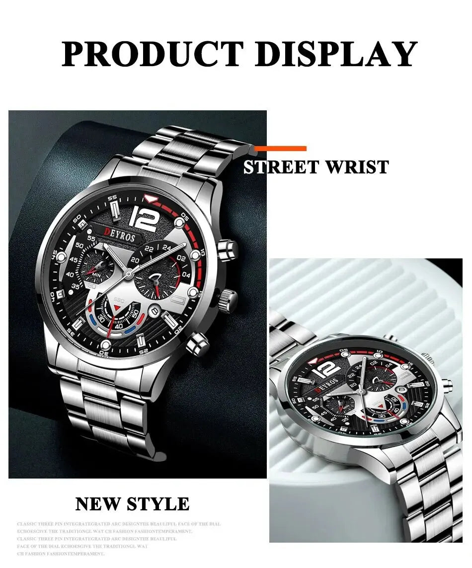 2pcs Luxury Mens Silver Quartz Watch With Stainless Steel Bracelet Men Fashion Business Casual Watch Luminous Clock